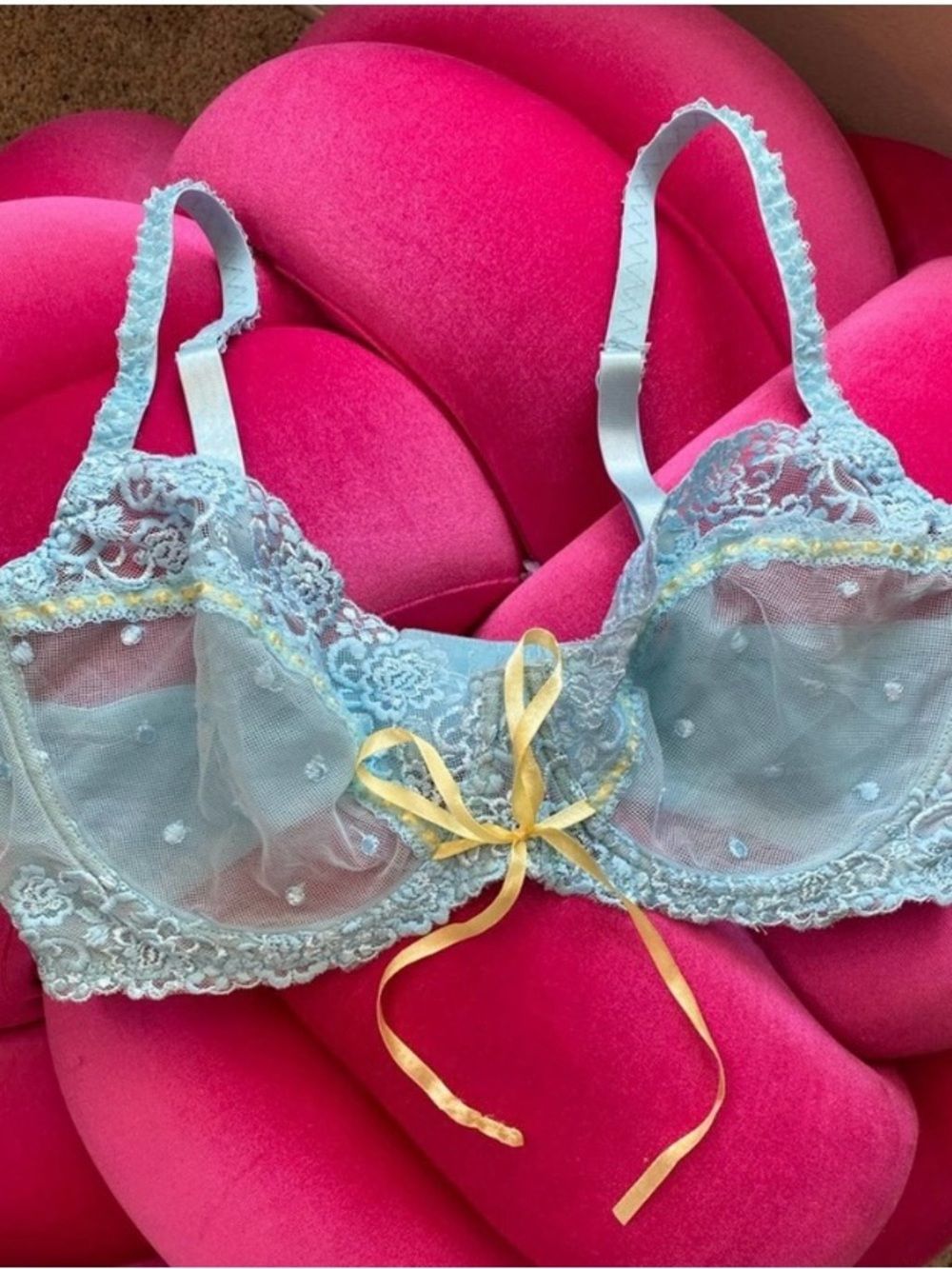 Light Blue Lace Bra with Yellow Ribbon Accent 38 DD